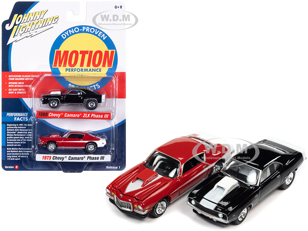 1969 Chevrolet Camaro ZLX Phase III Black with White Stripes and 1973 Chevrolet Camaro Phase III Medium Red and White "Baldwin Motion" Set of 2 Cars 1/64 Diecast Model Cars by Johnny Lightning diecast model