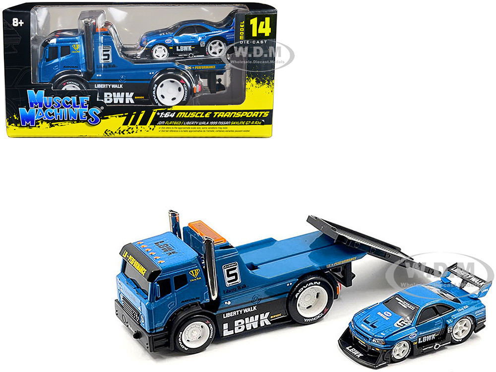 JDM Flatbed Truck #5 Blue Metallic "Liberty Walk (LBWK)" and 1999 Nissan Skyline GT-R (R34) #5 Blue Metallic "Liberty Walk (LBWK)" "Muscle Transports" Series 1/64 Diecast Models by Muscle Machines diecast model
