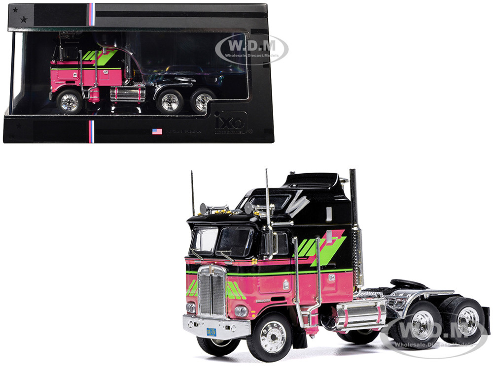 1976 Kenworth K100 Aerodyne Truck Tractor Black and Pink with Graphics 1/64 Diecast Model by IXO Models diecast model