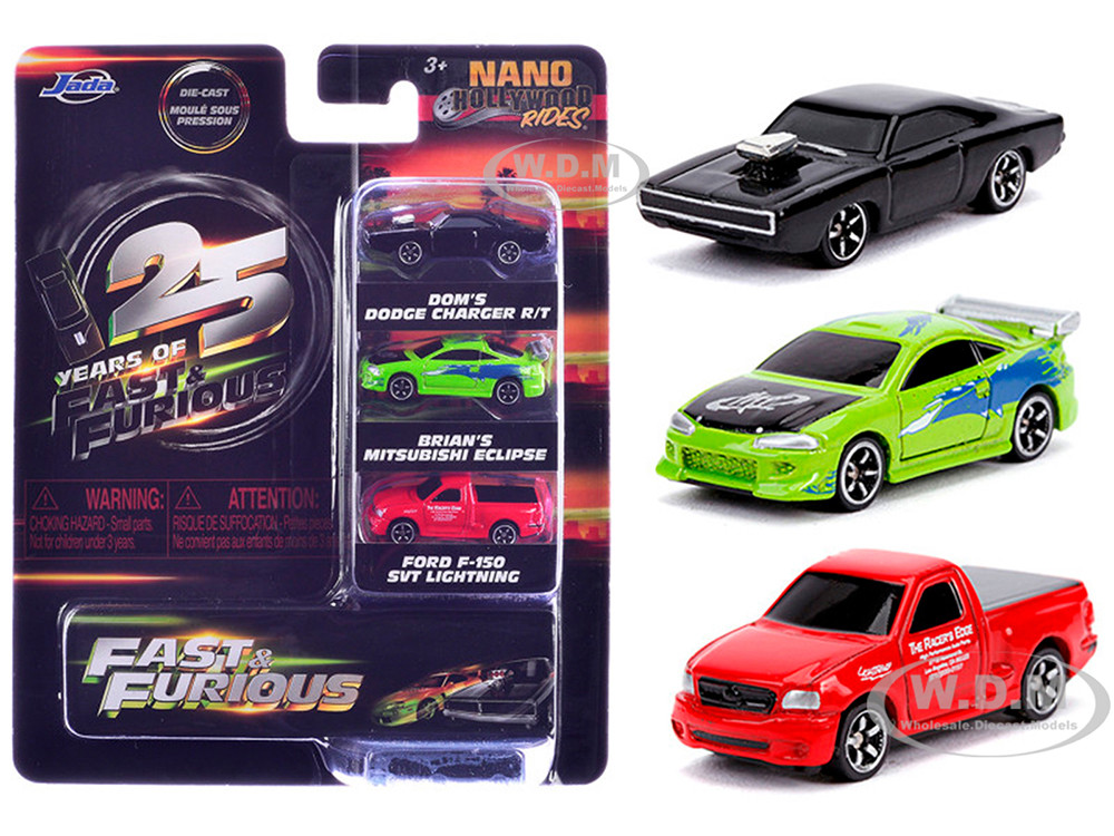 "Fast & Furious 25th Anniversary" 3 piece Set #1 "Nano Hollywood Rides" Diecast Model Cars by Jada diecast model