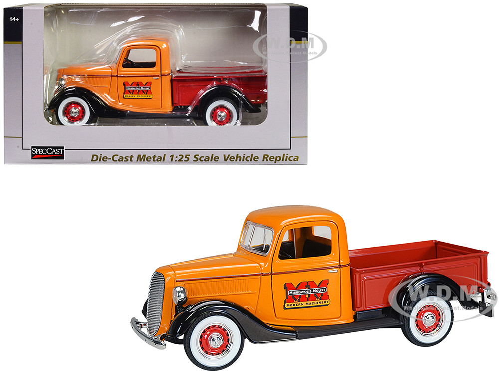 1937 Ford Pickup Truck "Minneapolis Moline" Orange with Red Truck Bed and Black Fenders 1/25 Diecast Model Car by SpecCast diecast model