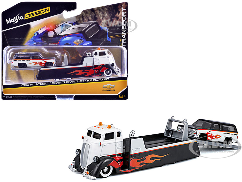 COE Flatbed Truck White and Black with Flame Graphics and 1979 Chevrolet K5 Blazer Black and White with Flame Graphics "Elite Transport" Series 1/64 Diecast Models by Maisto diecast model