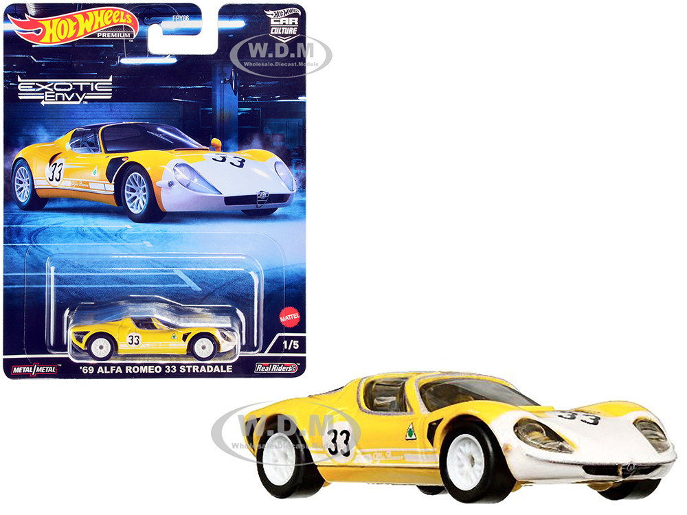 1969 Alfa Romeo 33 Stradale #33 Yellow and White "Exotic Envy" Series Diecast Model Car by Hot Wheels diecast model