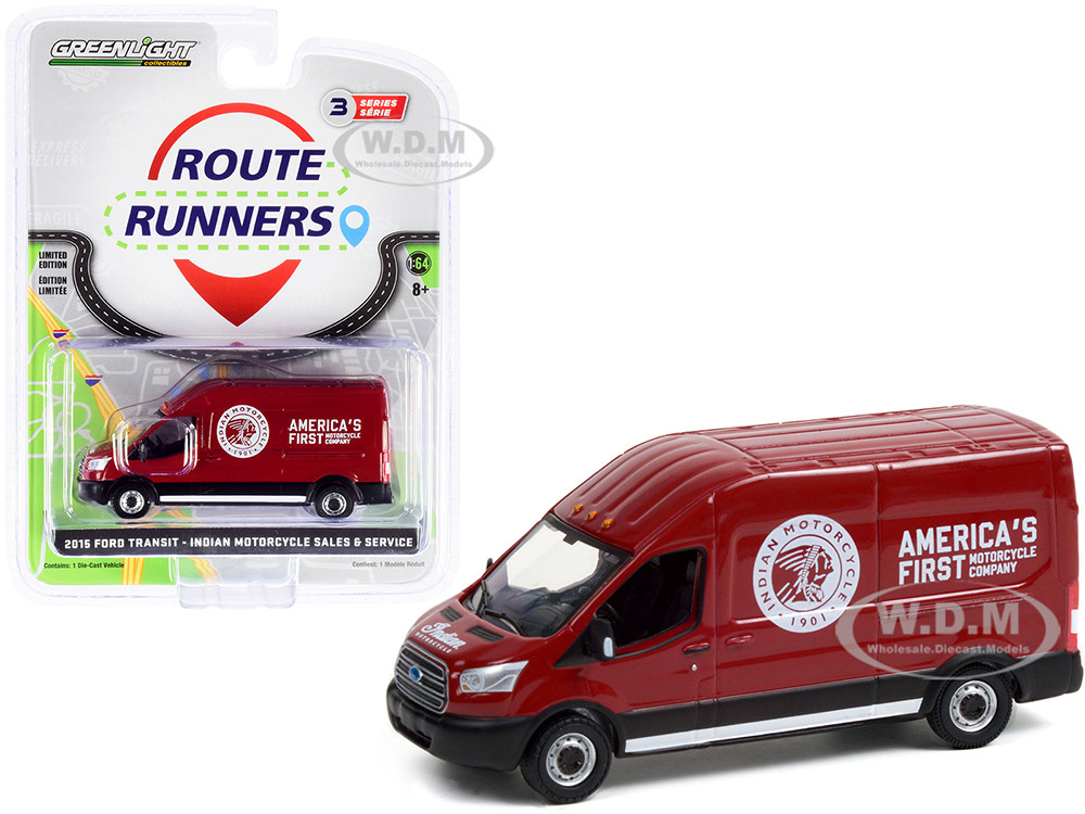 2015 Ford Transit LWB High Roof Van Burgundy "Indian Motorcycle Sales & Service" "Route Runners" Series 3 1/64 Diecast Model by Greenlight diecast model