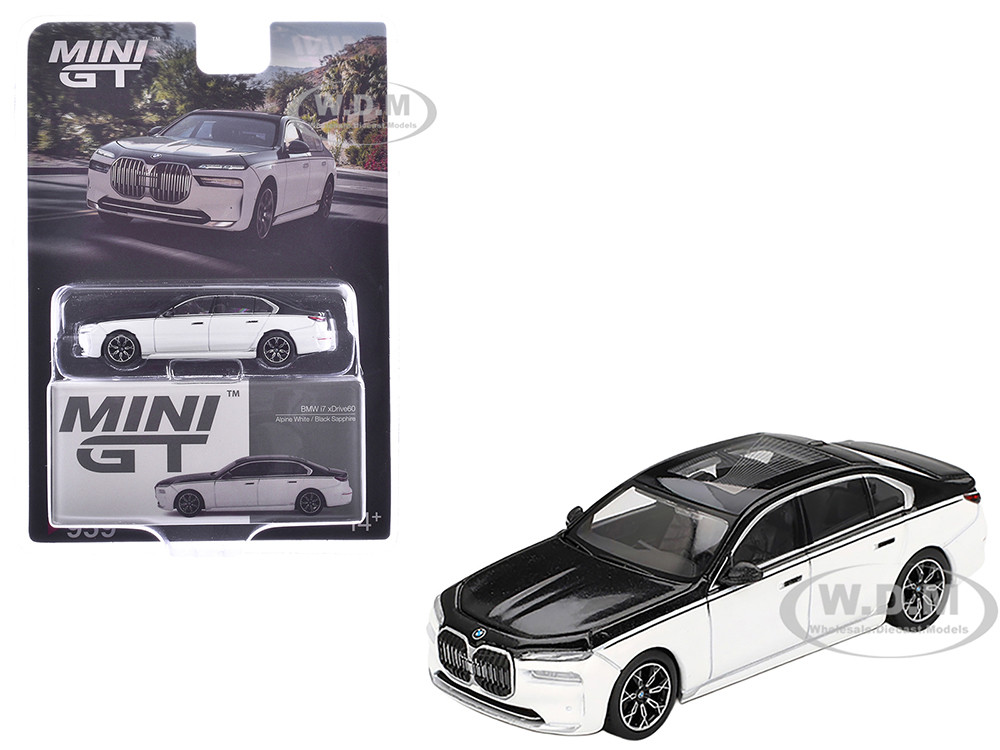 BMW i7 xDrive60 Dravit Alpine White and Black Sapphire Limited Edition 1/64 Diecast Model Car by Mini GT diecast model