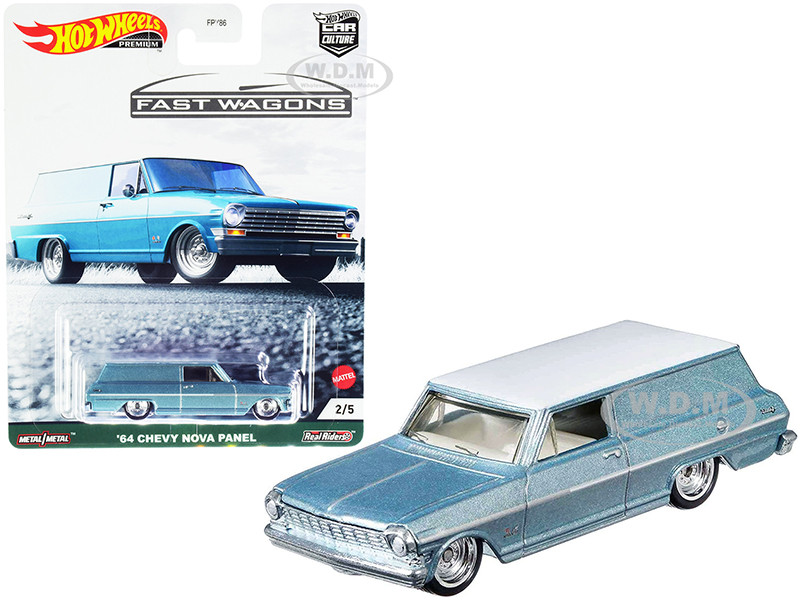 1964 Chevrolet Nova Panel Light Blue Metallic with White Top "Fast Wagons" Series Diecast Model Car by Hot Wheels diecast model