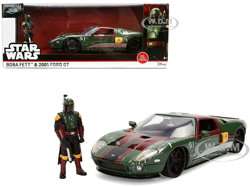 2005 Ford GT Green (Weathered) with Graphics and Boba Fett Figure "Star Wars" Franchise "Hollywood Rides" Series 1/24 Diecast Model Car by Jada diecast model