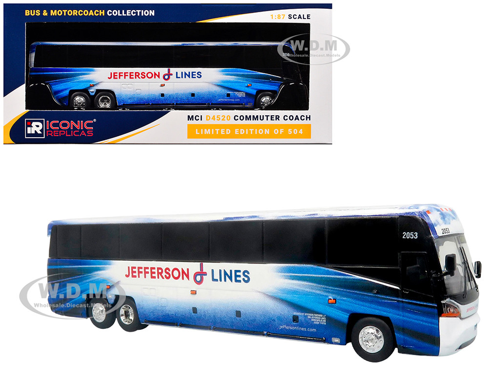 MCI D4520 Commuter Coach Bus "Jefferson Lines" White with Blue Graphics "The Bus & Motorcoach Collection" Limited Edition to 504 pieces Worldwide 1/87 (HO) Diecast Model by Iconic Replicas diecast model