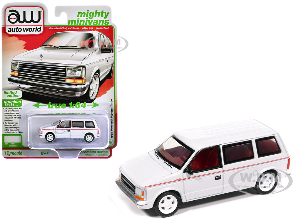 1989 Plymouth Voyager Turbo Van Bright White with Red Stripes and Interior "Mighty Minivans" Series 1/64 Diecast Model Car by Auto World diecast model