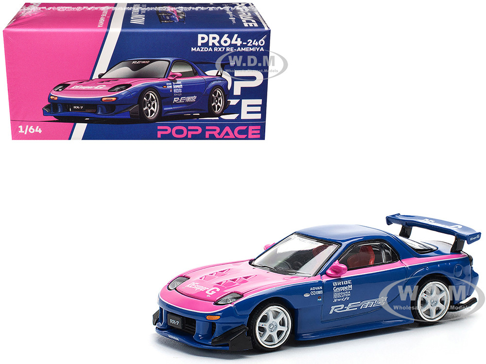 Mazda RX-7 RE-Amemiya Widebody RHD (Right Hand Drive) Blue with Pink Hood and Stripes 1/64 Diecast Model Car by Pop Race diecast model