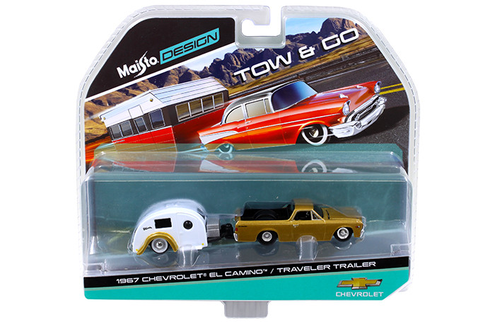1967 Chevrolet El Camino with Traveler Trailer Gold Tow & Go 1/64 Diecast Model by Maisto diecast model