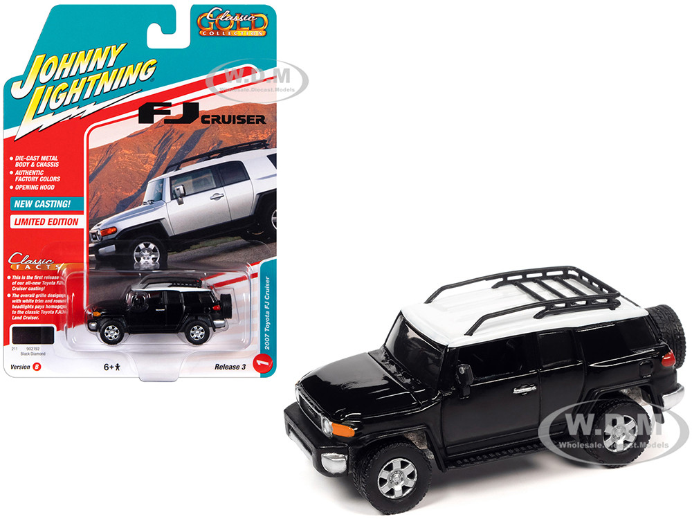 2007 Toyota FJ Cruiser Black Diamond with White Top and Roofrack "Classic Gold Collection" Series Limited Edition 1/64 Diecast Model Car by Johnny Lightning diecast model