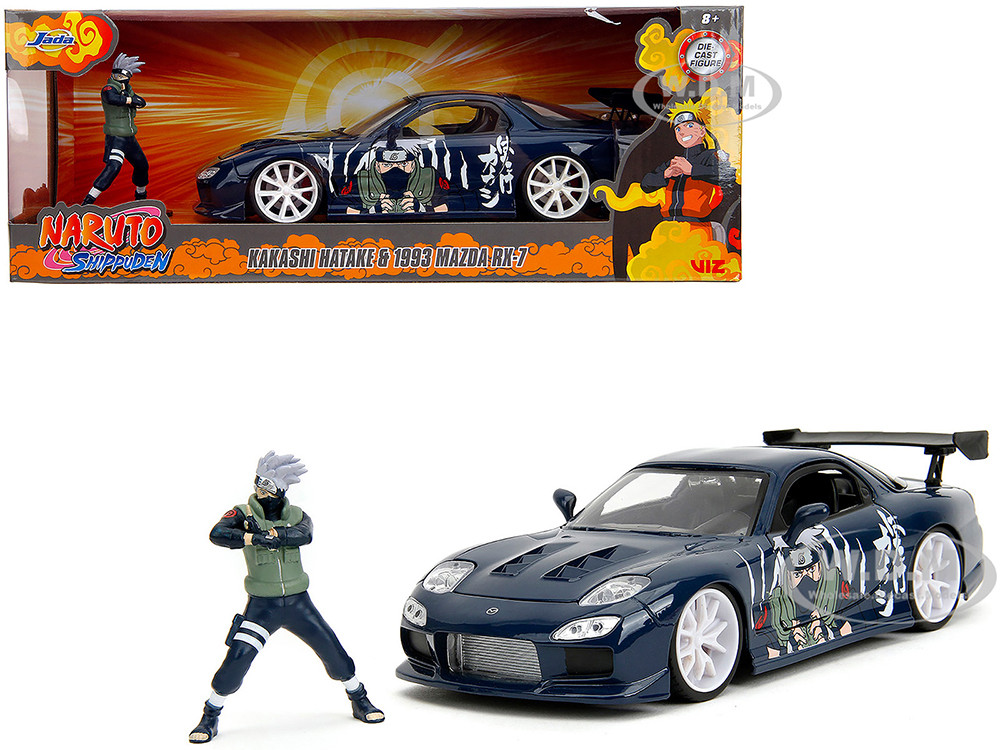 1993 Mazda RX-7 Dark Blue with Graphics and Kakashi Hatake Diecast Figure "Naruto Shippuden" (2009-2017) TV Series "Anime Hollywood Rides" Series 1/24 Diecast Model Car by Jada diecast model