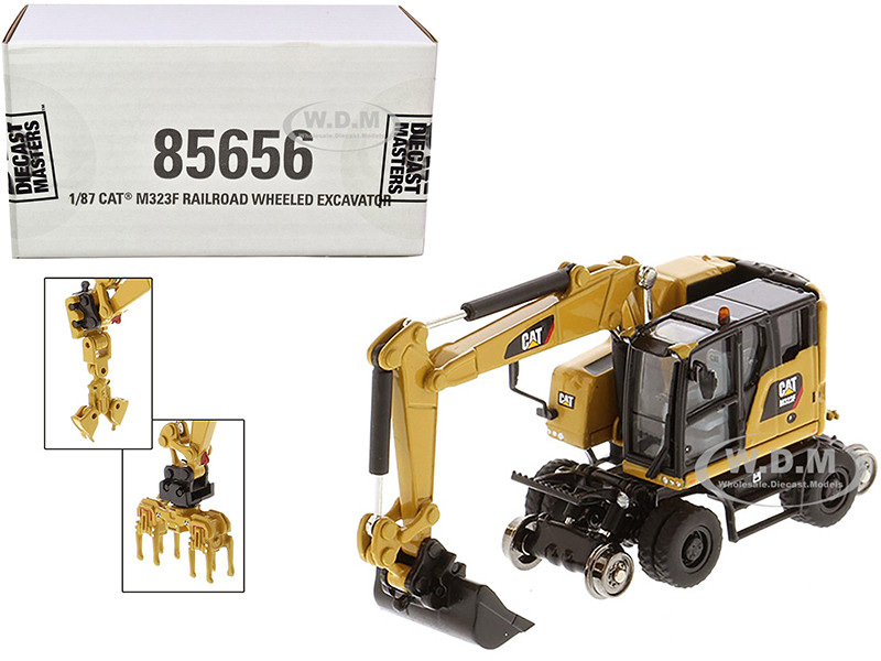 CAT Caterpillar M323F Railroad Wheeled Excavator with 3 Accessories (CAT Yellow Version) "High Line" Series 1/87 (HO) Diecast Model by Diecast Masters diecast model