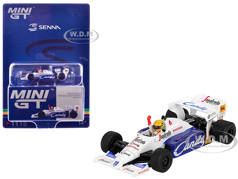 Toleman TG184 #19 Ayrton Senna 2nd Place Formula One F1 "Monaco GP" (1984) with Driver Figure Limited Edition 1/64 Diecast Model Car by Mini GT diecast model
