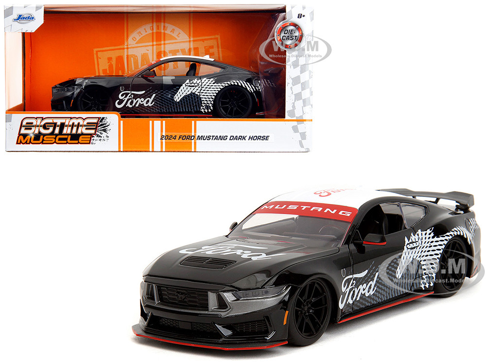 2024 Ford Mustang Dark Horse Black with White Top and "Mustang Horse Graphics" "Bigtime Muscle" Series 1/24 Diecast Model Car by Jada diecast model