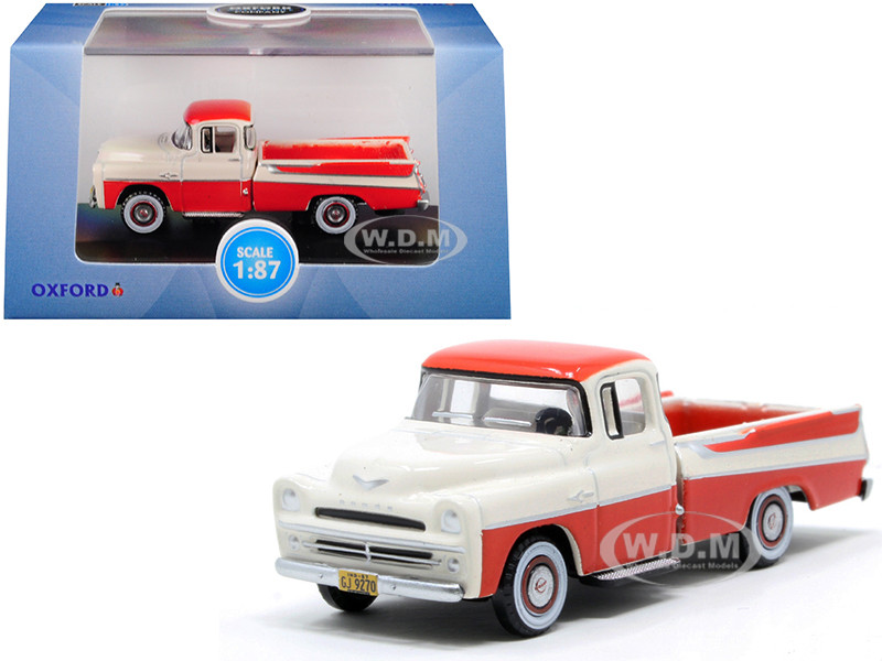 1957 Dodge D100 Sweptside Pickup Truck Tropical Coral and Glacier White 1/87 (HO) Scale Diecast Model Car by Oxford Diecast diecast model