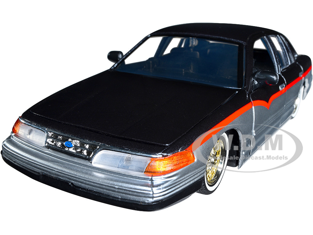 1993-1997 Ford Crown Victoria Lowrider Black Metallic and Silver with Red Stripes "Get Low" Series 1/24 Diecast Model Car by Motormax diecast model