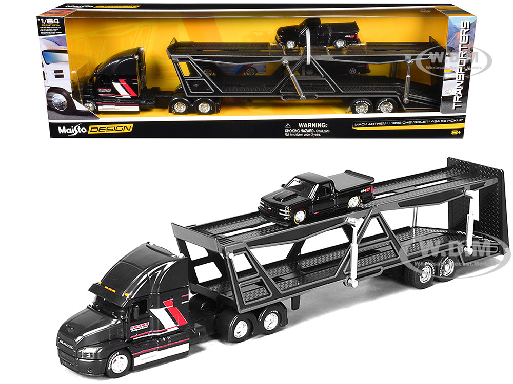 Mack Anthem Open Car Hauler Black with Red and White Stripes "Kenzie's Transport Services" and 1993 Chevrolet 454 SS Pickup Truck Black "Transporters" Series 1/64 Diecast Models by Maisto diecast model
