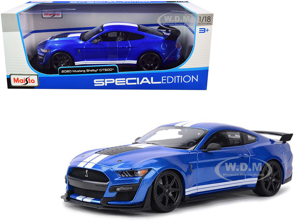 2020 Ford Mustang Shelby GT500 Blue Metallic with White Stripes "Special Edition" 1/18 Diecast Model Car by Maisto diecast model