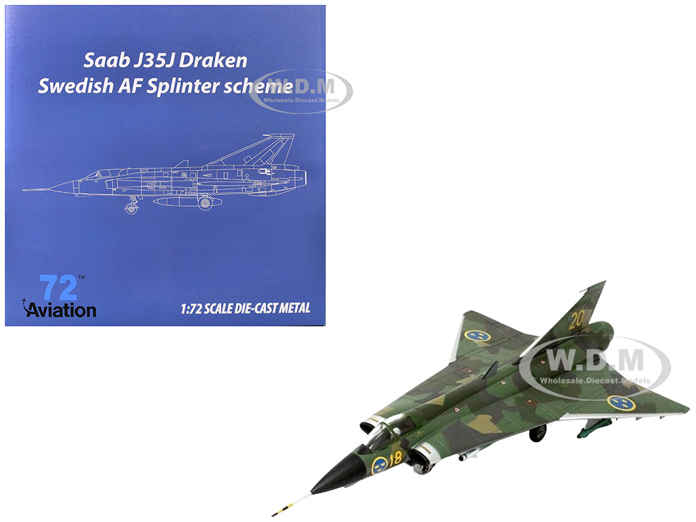 Saab J35J Draken Fighter Aircraft "Splinter Camouflage Scheme, F 18 Sodertorn Wing" (1972) Swedish Air Force 1/72 Diecast Model Airplane by Aviation 72 diecast model