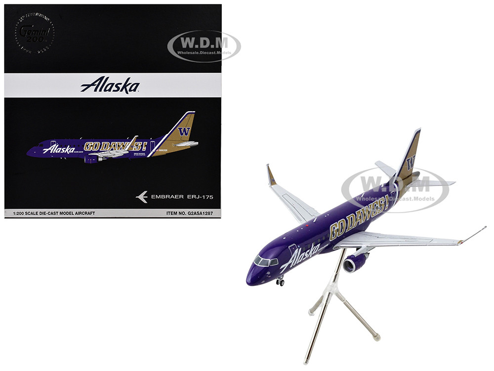 Embraer ERJ-175 Commercial Aircraft "Alaska Airlines/Horizon - University of Washington Huskies" (N662QX) Purple with Gold Tail "Gemini 200" Series 1/200 Diecast Model Airplane by GeminiJets diecast model