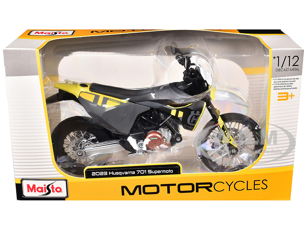2023 Husqvarna 701 Supermoto Motorcycle Matt Black and Gray with Yellow and White Accents 1/12 Diecast Motorcycle Model by Maisto diecast model