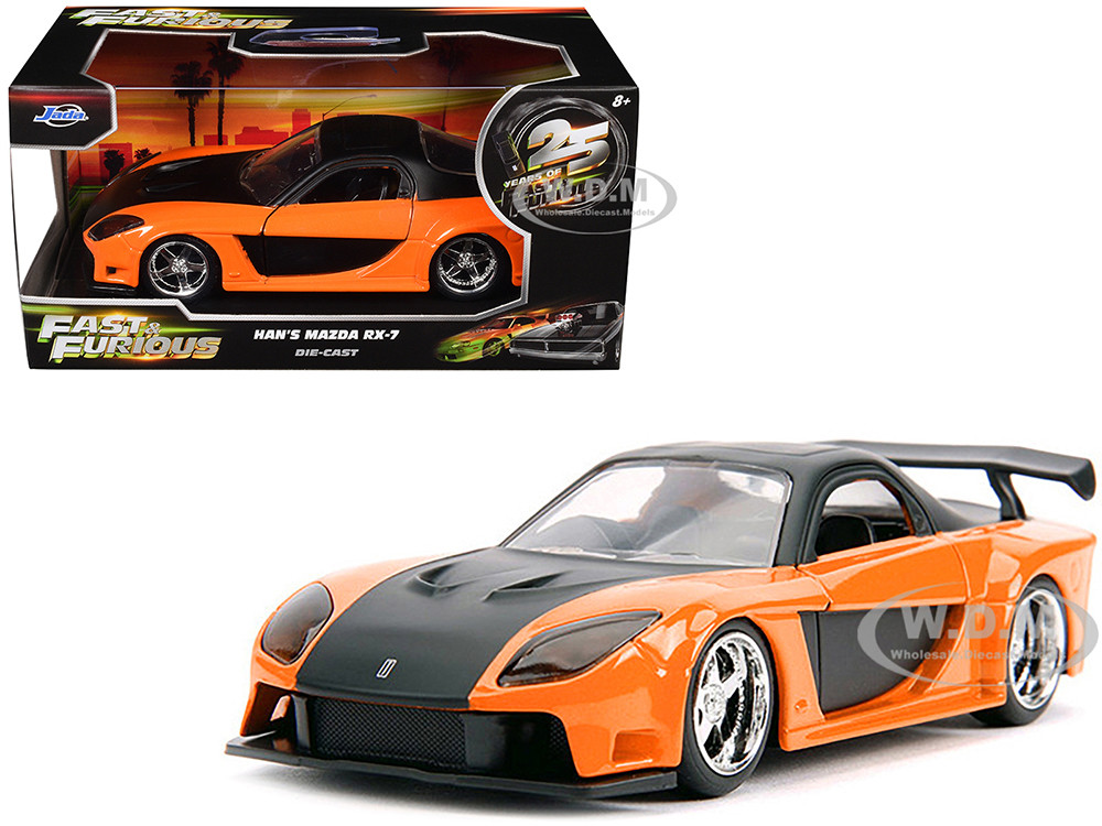 Han's Mazda RX-7 RHD (Right Hand Drive) Orange Metallic and Black "25 Years of Fast & Furious" "The Fast and the Furious: Tokyo Drift" (2006) Movie "Fast & Furious" Series 1/32 Diecast Model Car by Jada diecast model