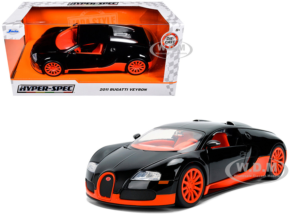 2011 Bugatti Veyron Black with Orange Accents and Orange Interior "Hyper-Spec" Series 1/24 Diecast Model Car by Jada diecast model