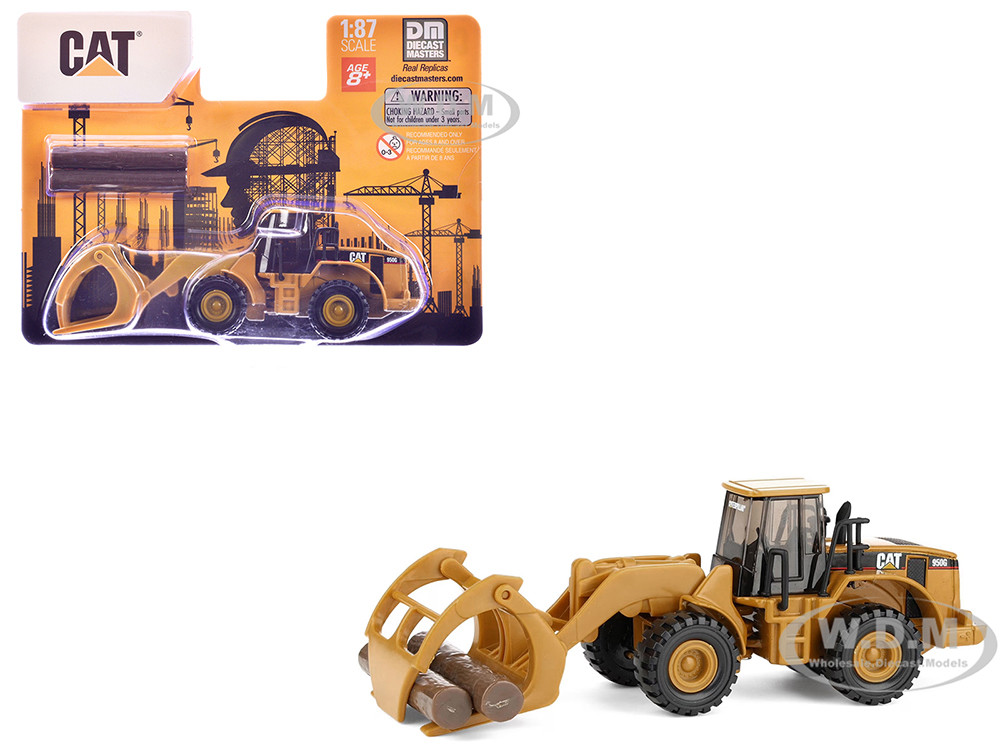 CAT Caterpillar 950G Wheel Loader Yellow with Log Fork and Wood Log Accessories 1/87 (HO) Diecast Model by Diecast Masters diecast model
