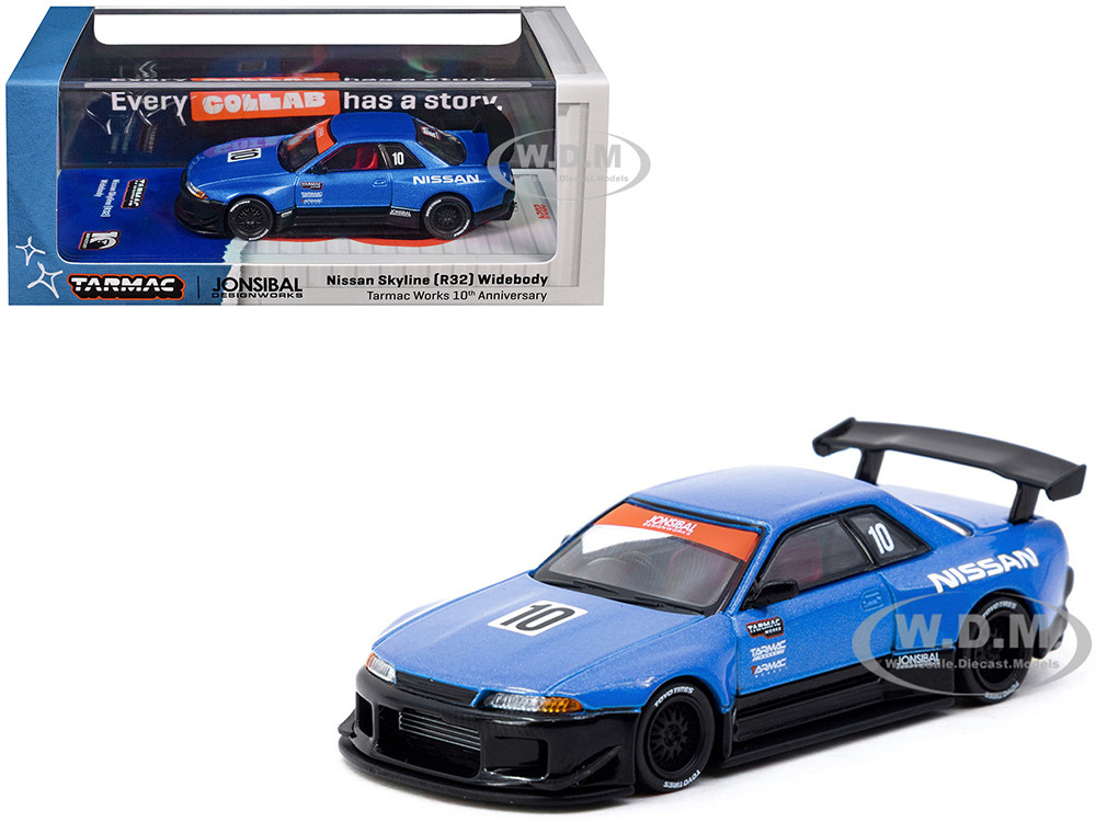 Nissan Skyline (R32) Widebody RHD (Right Hand Drive) #10 "Tarmac Works 10th Anniversary" Blue Metallic "Global64" Series 1/64 Diecast Model Car by Tarmac Works diecast model