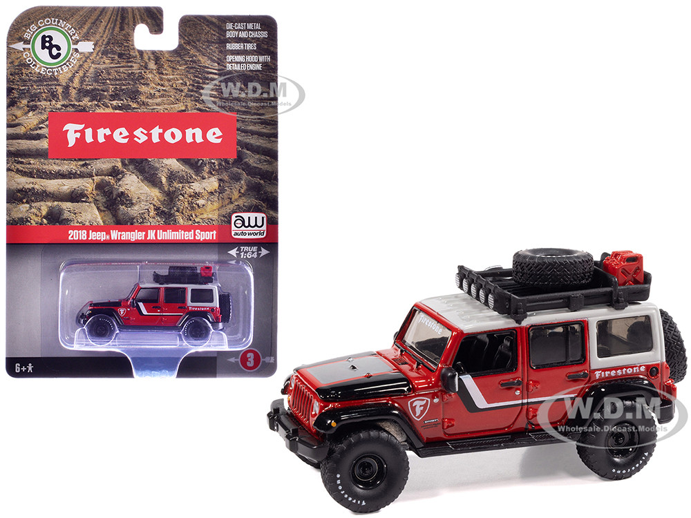2018 Jeep Wrangler JK Unlimited Sport "Firestone Field Agent" Red with Graphics and Gray Top with Roof Rack "Big Country Collectibles" 2025 Series 1/64 Diecast Model Car by Auto World diecast model