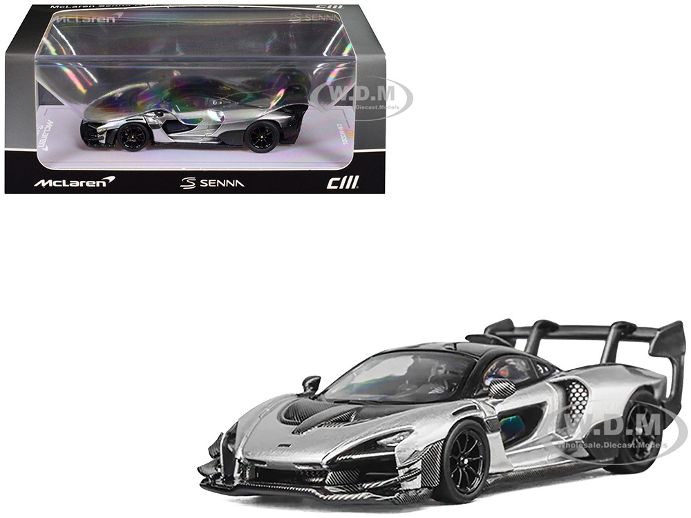 McLaren Senna GTR Silver Gray Metallic with Carbon Hood and Black Top 1/64 Diecast Model Car by CM Model diecast model