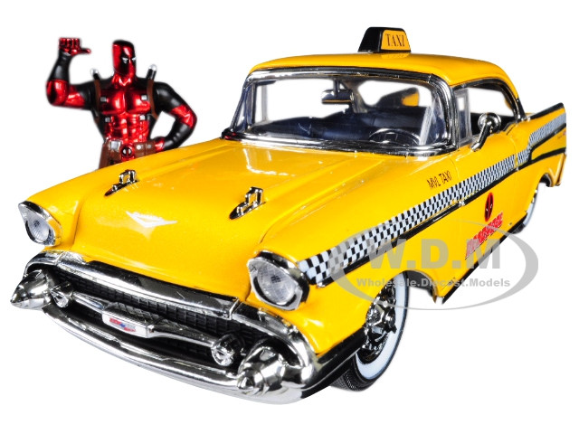 1957 Chevrolet Bel Air Taxi Yellow with Deadpool Diecast Figurine "Marvel" Series 1/24 Diecast Model Car by Jada diecast model