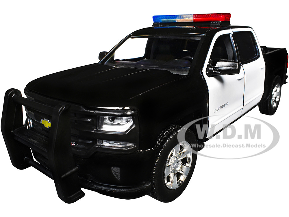 2017 Chevrolet Silverado 1500 LT Z71 Crew Cab Pickup Truck Black and White with Flashing Light Bar and Front and Rear Lights and Sounds 1/27 Diecast Model Car by Motormax diecast model