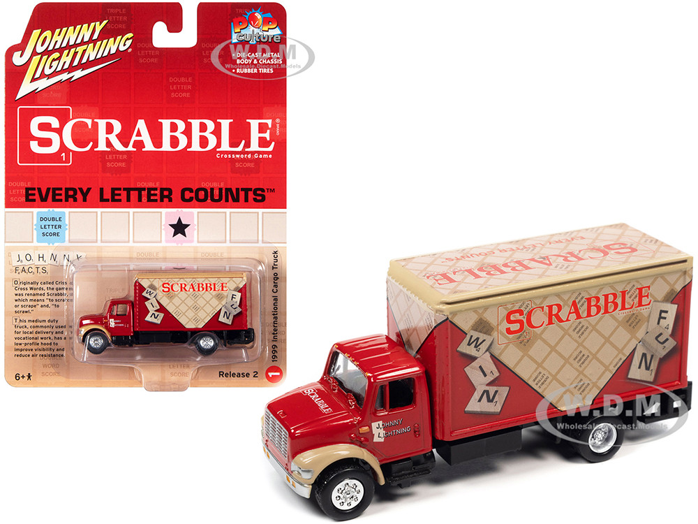 1999 International Cargo Truck Red with Graphics "Scrabble" "Pop Culture" 2022 Release 2 1/64 Diecast Model Car by Johnny Lightning diecast model