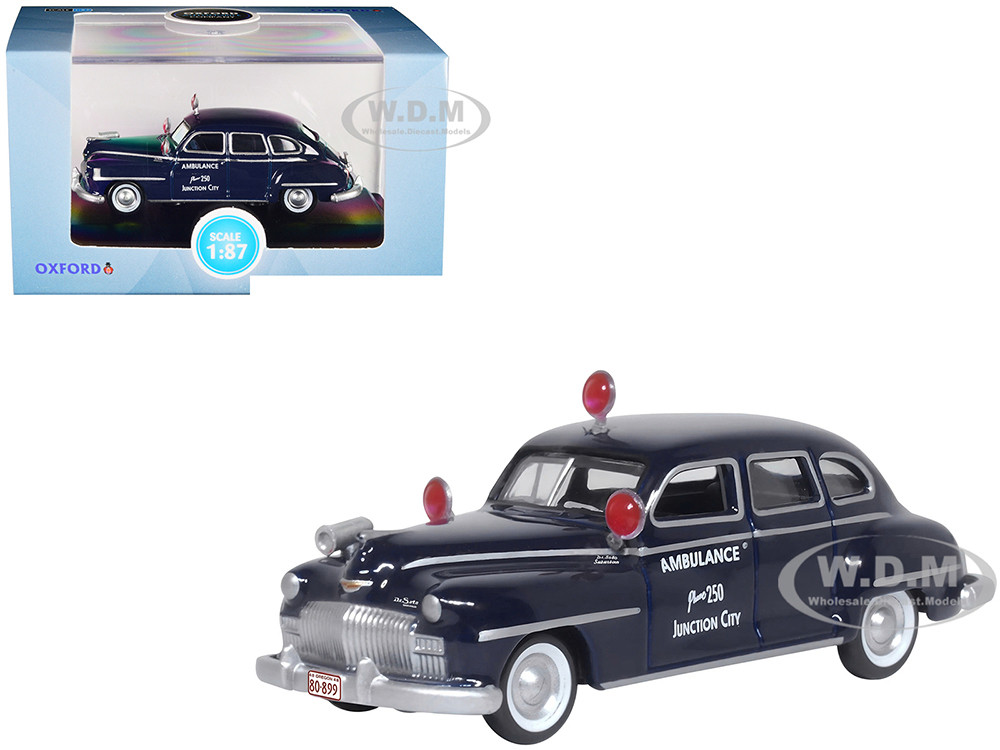 1946 DeSoto Suburban Ambulance Dark Blue "Junction City Ambulance" 1/87 (HO) Scale Diecast Model Car by Oxford Diecast diecast model