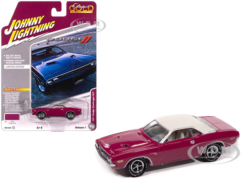1971 Dodge Challenger R/T Panther Pink with White Top and Interior "Classic Gold Collection" 1/64 Diecast Model Car by Johnny Lightning diecast model
