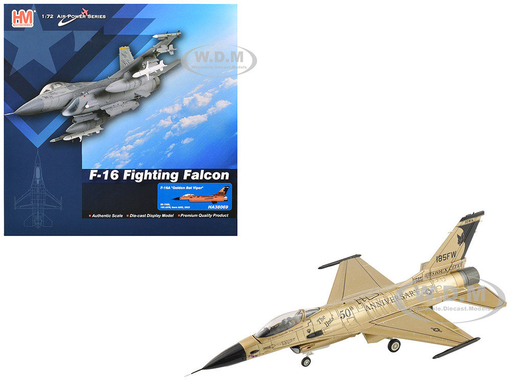 Lockheed F-16A Fighting Falcon Fighter Aircraft "85-1565, Golden Bat Viper, 185 ARW, Iowa ANG, Squadron 50th Anniversary" (2022) United States Air Force "Air Power Series" 1/72 Diecast Model by Hobby Master diecast model