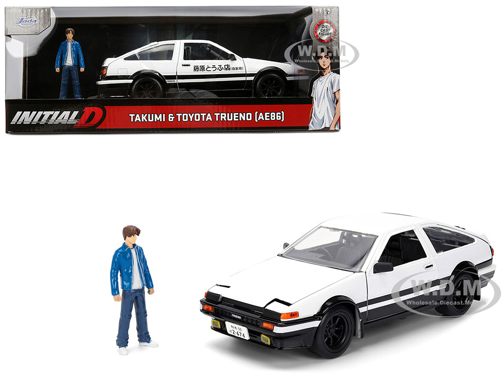 Toyota Trueno (AE86) RHD (Right Hand Drive) White and Black with Graphics and Takumi Diecast Figure "Initial D" (1998-2021) TV Series "Anime Hollywood Rides" Series 1/24 Diecast Model by Jada diecast model