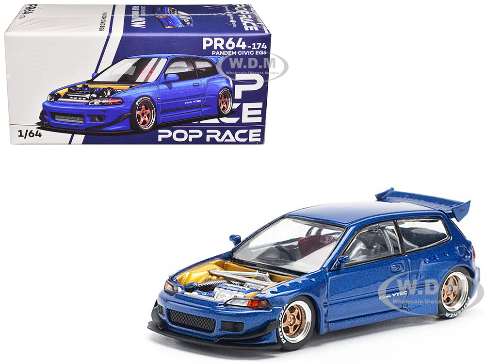 Pandem Civic EG6 VTEC RHD (Right Hand Drive) Blue Metallic with No Hood 1/64 Diecast Model Car by Pop Race diecast model