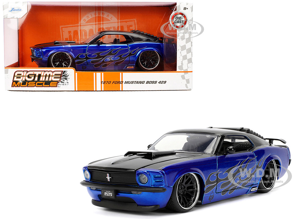 1970 Ford Mustang Boss 429 Black and Blue Metallic with Flames "Bigtime Muscle" Series 1/24 Diecast Model Car by Jada diecast model