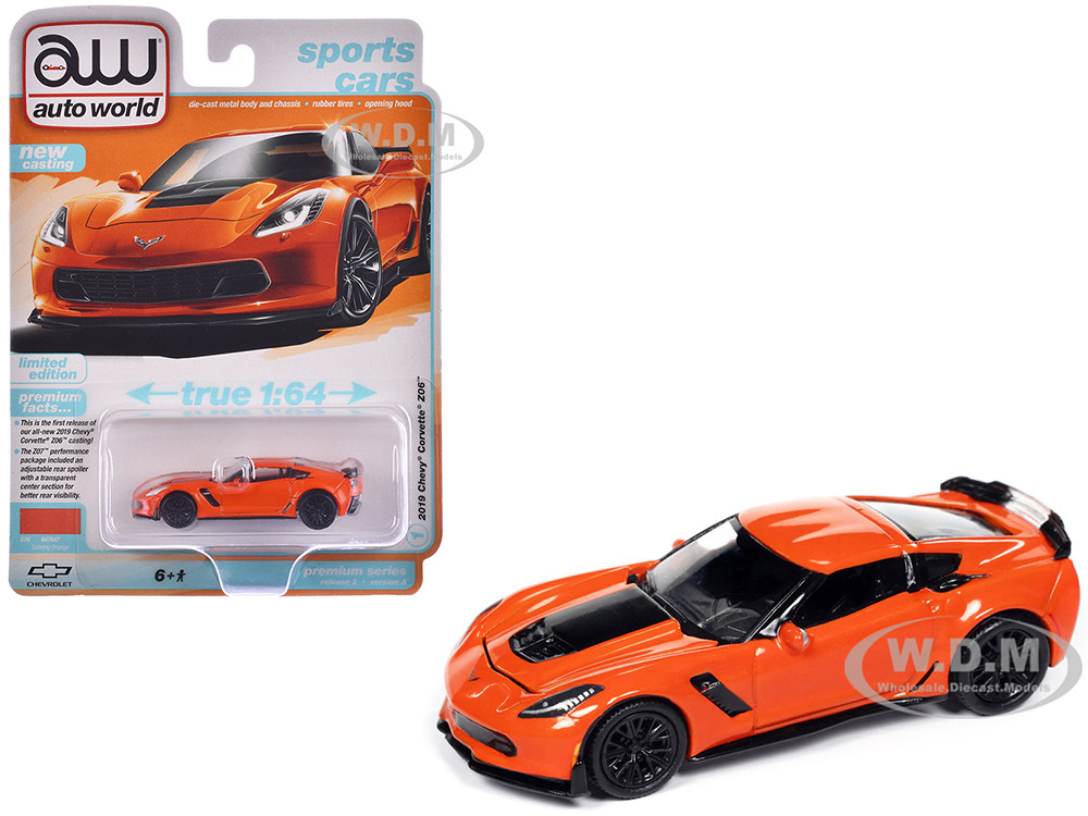 2019 Chevrolet Corvette Z06 Sebring Orange with Black Hood "Sports Cars" Series 1/64 Diecast Model Car by Auto World diecast model