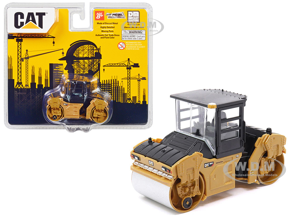 CAT Caterpillar CB-13 Tandem Vibratory Roller with Cab Yellow and Black 1/64 Diecast Model by Diecast Masters diecast model
