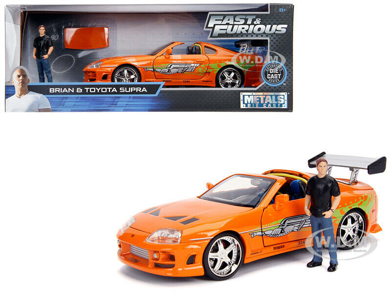 Toyota Supra Orange Metallic with Brian Diecast Figurine "Fast & Furious" Movie 1/24 Diecast Model Car by Jada diecast model