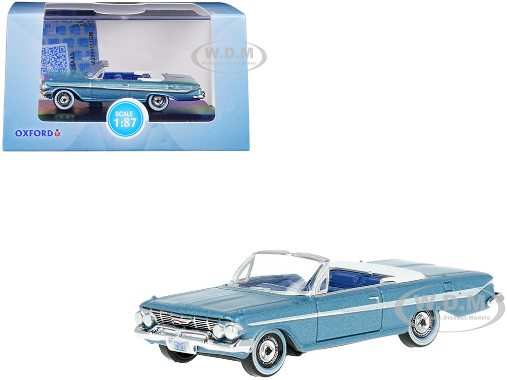 1961 Chevrolet Impala Convertible Jewel Blue Metallic and White with Blue Interior 1/87 (HO) Scale Diecast Model Car by Oxford Diecast diecast model