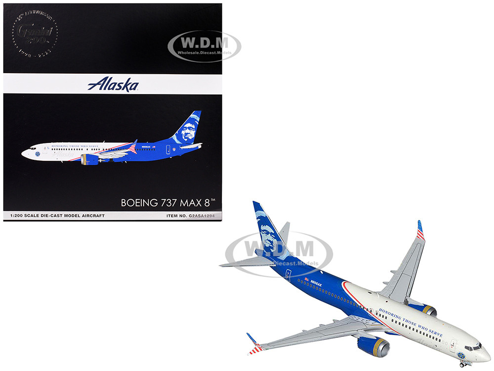 Boeing 737 MAX 8 Commercial Aircraft "Alaska Airlines - Honoring Those Who Serve" (N806AK) White and Blue "Gemini 200" Series 1/200 Diecast Model Airplane by GeminiJets diecast model