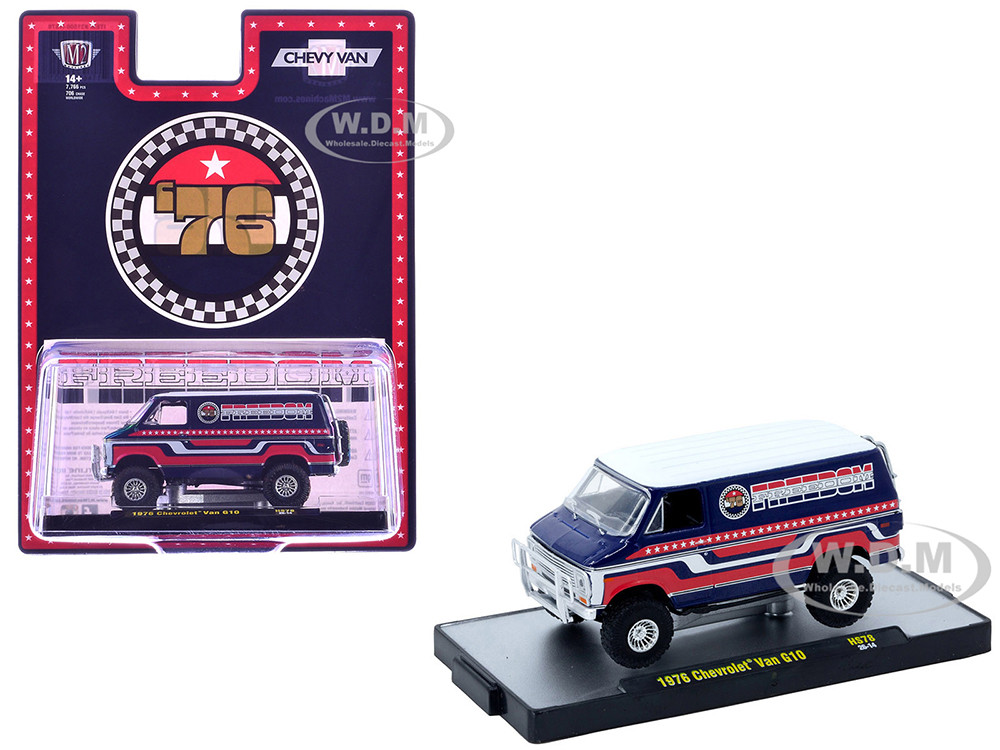 1976 Chevrolet G10 Van "Freedom '76" Dark Blue with White Top and Red and White Graphics Limited Edition to 7766 pieces Worldwide 1/64 Diecast Model Car by M2 Machines diecast model