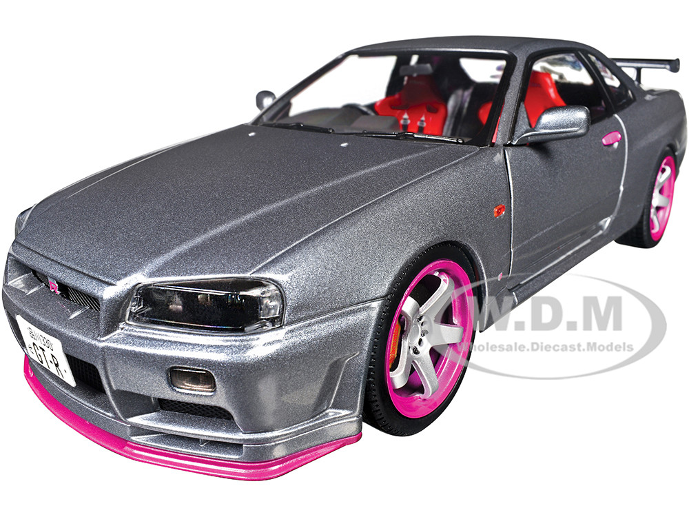 1999 Nissan Skyline GT-R (R34) RHD (Right Hand Drive) Silver Metallic with Purple Wheels 1/18 Diecast Model Car by Solido diecast model