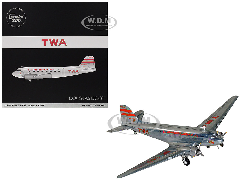 Douglas DC-3 Commercial Aircraft "TWA (Trans World Airlines)" (NC1943) Polished Metal Finish with Red Tail Stripes "Gemini 200" Series 1/200 Diecast Model Airplane by GeminiJets diecast model